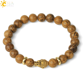 CSJA Natural Stones Strand Bracelet Gold-Color Buddha Head Religion 8Mm Yoga Beaded Bracelets Homme Women Men Reiki Jewelry G403