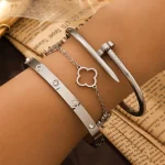 3-Piece Women's French Lucky Clover Bracelet Set - High-Quality Stainless Steel Charm Jewelry Gift