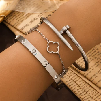 3-Piece Women's French Lucky Clover Bracelet Set - High-Quality Stainless Steel Charm Jewelry Gift